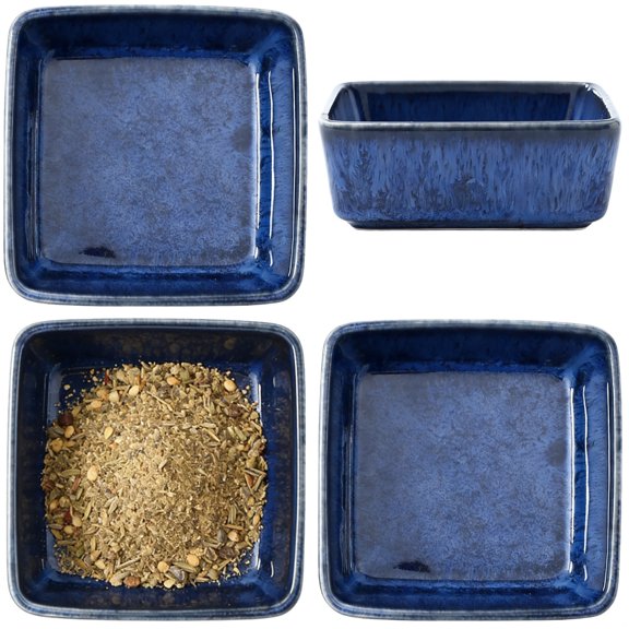 4 Pcs Ceramic Dipping Bowls, Deep Blue Square Condiment Plates, 3.5 x 3.5 x 1.4 in, 5.1 oz Small Appetizer Dishes, Stoneware for Sauces, Unique Reactive Glaze