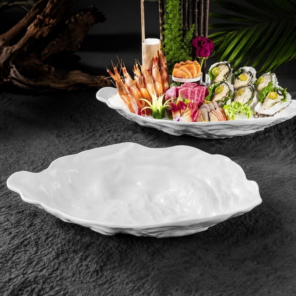4 Pcs Ceramic Oyster Shell Plates, Large Coastal Seafood Serving Dishes for Summer Dining and Entertaining, White Decorative Shell Platters for Appetizers, Snacks and Table Decor