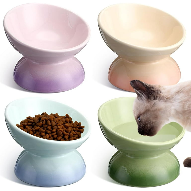 4 Pcs Ceramic Raised Cat Food Bowls Elevated Tilted Cat Dish Anti Vomiting Food or Water Bowls Colorful Porcelain Pet Bowl for Cats Kitten Small Dogs Protect Kitten Spines Gradient Color