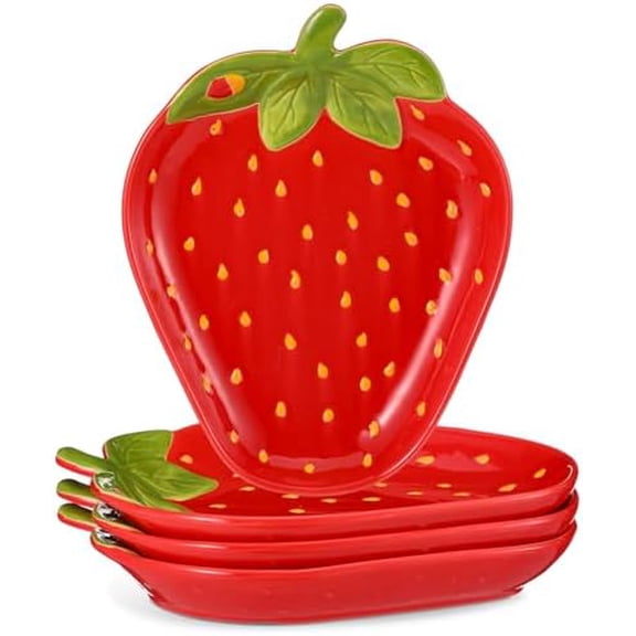 4 Pcs Ceramic Strawberry Plates 9 Inch Food Serving Platters Strawberry Theme Party Decorations Cute Fruit Salad Plates Dishes Spring Tableware Serving Tray for Dinner Dessert Picnic Candy