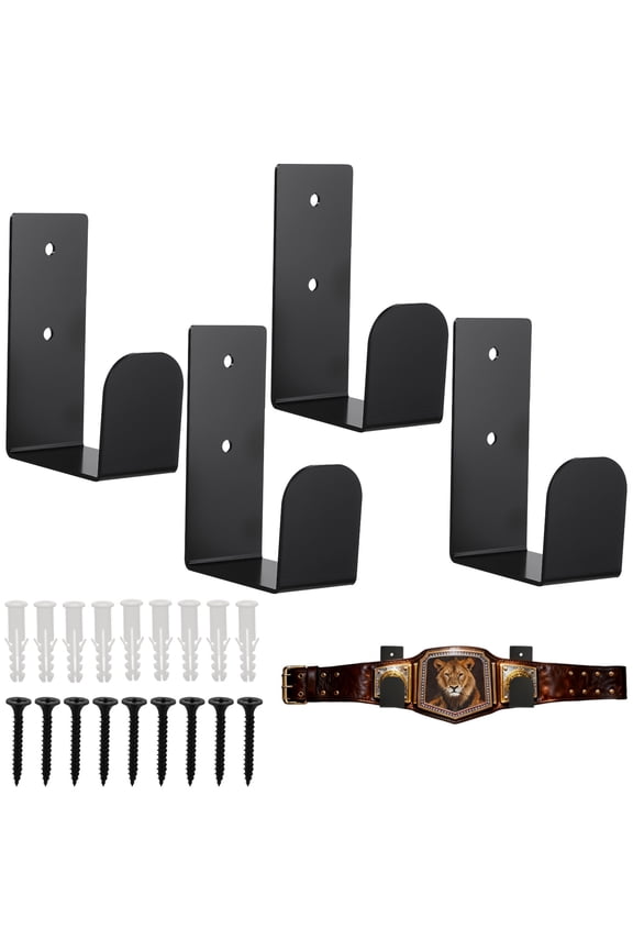 4 Pcs Championship Belt Display Holder, Wall Organizer Rack for WWE Wrestling & Boxing Championship Belt Display, Space-Saving Wall Mountable Storage for Bedroom, Home Gym and Club (Black)