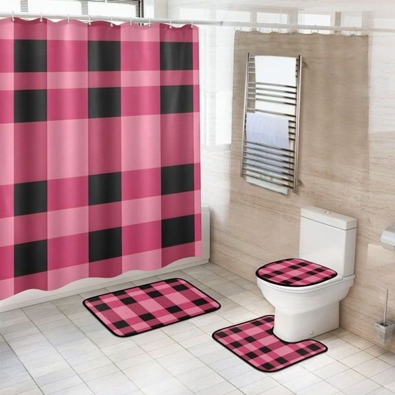 4 Pcs Checkered Pink Grid Print Bathroom Shower Curtain Set with 12 Hooks Bath Mat Toilet Lid Cover