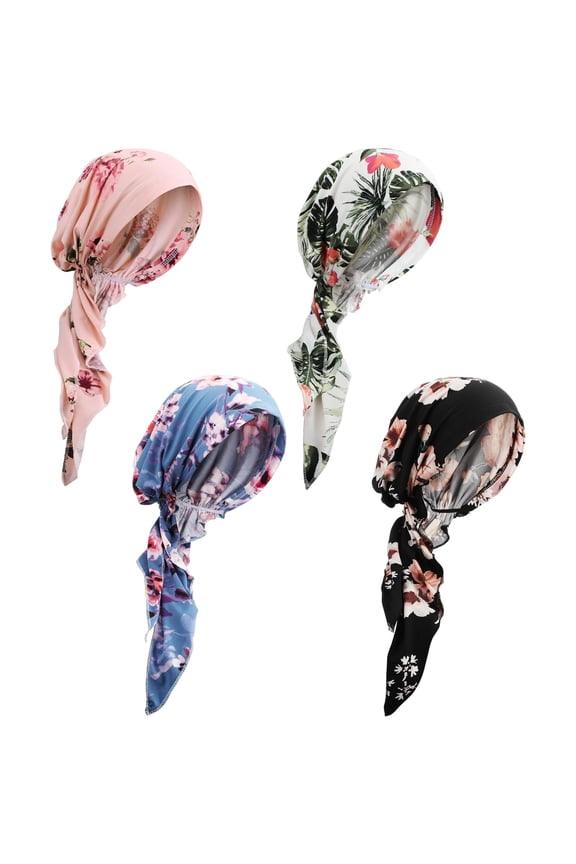 4 Pcs Chemo Headwear for Women Pre Tied Cancer Caps Cotton Head Scarf Turbans for Women Breast Cancer Month Gifts