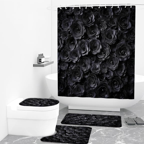 4 Pcs Cherry Blossom Shower Curtain Set with 12 Hooks for Bathroom Sets Decor, Non-Slip Rugs and Toilet Mat Lid Rug, Waterproof for Bathroom Cherry Blossom Decor Bathroom Accessories