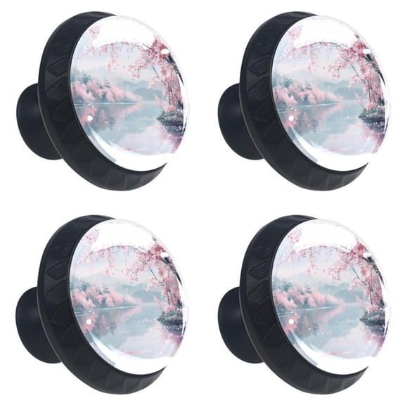 4 Pcs Cherry Blossom near Lake Print Cabinet Knobs 30mm Round Crystal Glass Drawer Handles Pulls with Screws for Kitchen Cupboard Wardrobe Closet Dresser, Home&Office