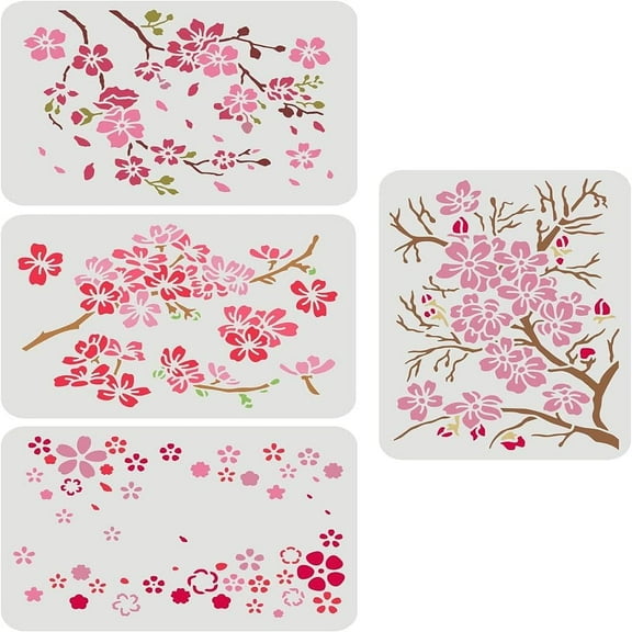 4 Pcs Cherry Blossoms Stencils 11.7x8.3 inch Cherry Blossom Branch Stencils Plastic Floral Flower Pattern Stencils Sets DIY Home Decor Stencil DIY