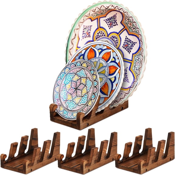 4 Pcs China Plate Display Stands Set 3 Tier Wooden Dish Display Rack Kitchen Dinnerware Holder Dish Storage Racks Cabinet Organizer for Handicrafts Artwork China Plate Bowl Pot Lid