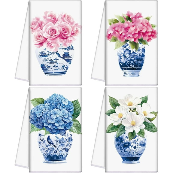 4 Pcs Chinoiserie Kitchen Towels 26" x 18" Blue and White Dish Hand Towels Porcelain Tea Towels Dishcloths Kitchen Bathroom Decor Spring Holiday Housewarming Gift
