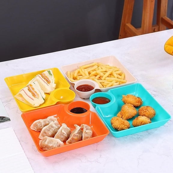 4 Pcs Chips and Salsa Serving Dish Plates, Veggie Platter Dipping Serving Trays with Sauce Rack for Buffet Family Party Appetizer Sushi Taco Salsa Charcuterie Barbecue Plate, Reusable (Mixed Colors)