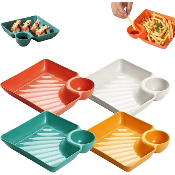 4 Pcs Chips and Salsa Serving Dish Plates, Veggie Platter Dipping Serving Trays with Sauce Rack for Family Party Appetizer Sushi Taco Charcuterie Barbecue Plate, Reusable, Easy to Clean(Q)