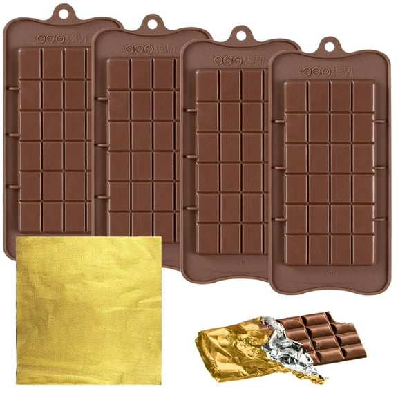 4 Pcs Chocolate Moulds with 100 Gold Foil Wrappers, FineGood Non-Stick Chocolate Bar Moulds ChocolateBreak-Apart Silicone Bar Maker