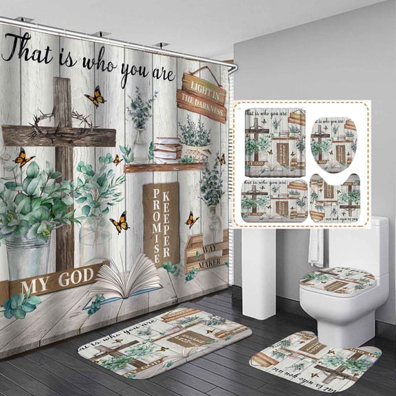 4 Pcs Christian Cross Shower Curtain Set with Rugs Toilet Lid Cover Bible Verse Eucalyptus Butterfly Rustic Farmhouse Religious Bathroom Decor