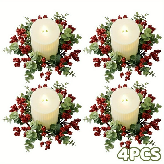 4 Pcs Christmas Artificial Norfolk Pine Candle Rings Wreaths, Red Berry, and Greenery Garland Candle Ring, 2 Inch Center, Xmas Candlerings for Pillar Candle Holiday Mantle Table Decor