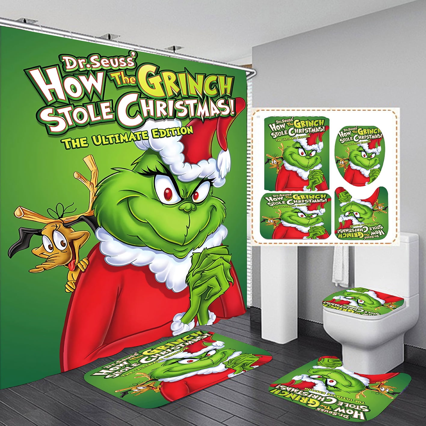 4 Pcs Christmas Bathroom Set, Christmas Shower Curtain Sets  Shower Curtain Non-Slip Rugs Toilet Lid Cover and Bath Mat Set 72 X 72 Inches with Hooks Christmas Holiday Bathroom Decor