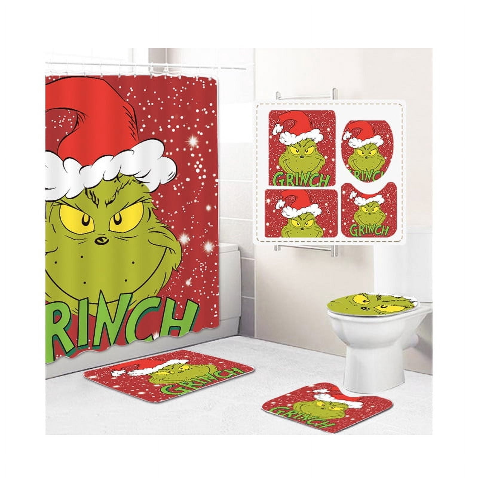 4 Pcs Christmas Bathroom Set, Christmas Shower Curtain Sets  Shower Curtain Non-Slip Rugs Toilet Lid Cover and Bath Mat Set 72 X 72 Inches with Hooks Christmas Holiday Bathroom Decor