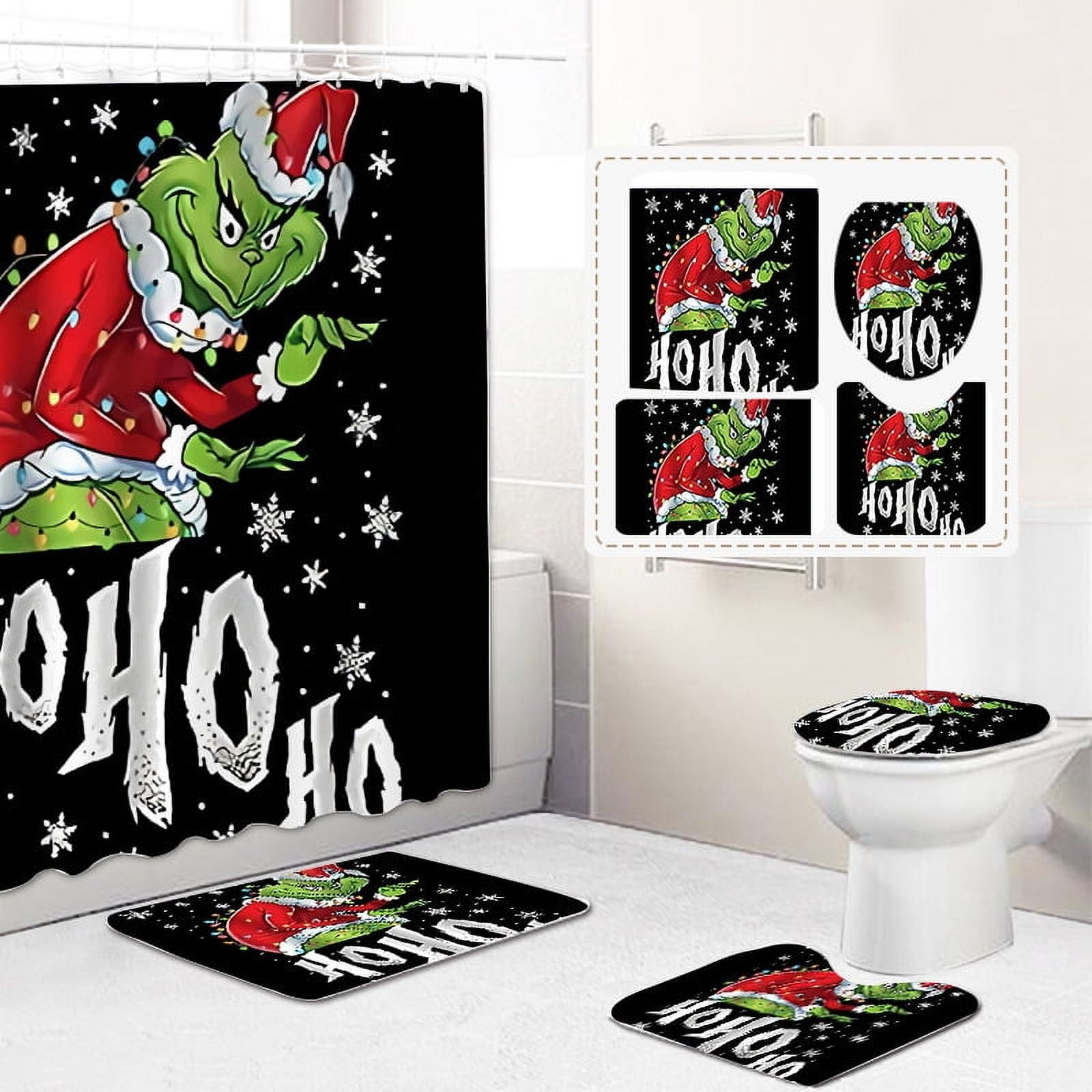 4 Pcs Christmas Bathroom Set, Christmas Shower Curtain Sets  Shower Curtain Non-Slip Rugs Toilet Lid Cover and Bath Mat Set 72 X 72 Inches with Hooks Christmas Holiday Bathroom Decor