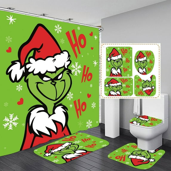 4 Pcs Christmas Bathroom Set Christmas Shower Curtain with Rugs, Toilet Lid Cover and Bath Mat Winter Bathroom Shower Decor Accessory Set