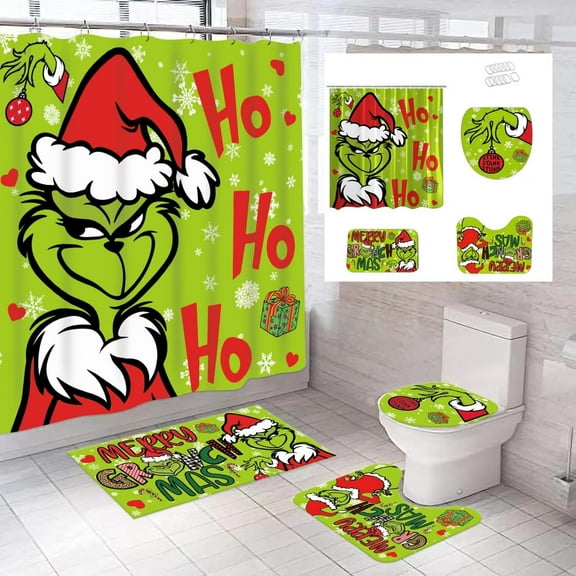 4 Pcs Christmas Bathroom Set with Shower Curtain with Non-Slip Rugs, Toilet Lid Cover and Non-Slip U Shape Bath Mat, Xmas Holiday Bathroom Decoration with 12 Hooks 71 x 71 Inches