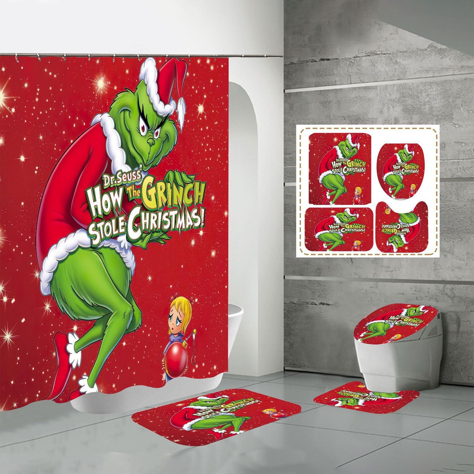 4 Pcs Christmas Bathroom Set, Christmas Shower Curtain Sets Grinch ...