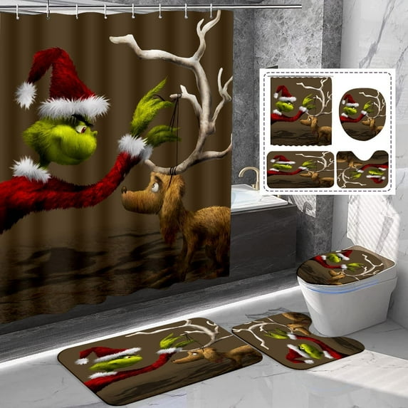 4 Pcs Christmas Bathroom Sets,Christmas Shower Curtain Set,with Shower Curtain and Rugs and Bath Mat Set 72 X 72 Inches,with Hooks Christmas Bathroom Decor.