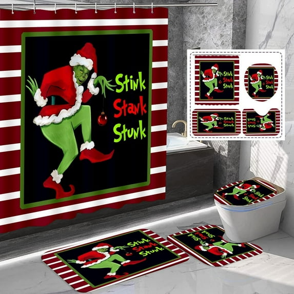 4 Pcs Christmas Bathroom Sets,Christmas Shower Curtain Set,with Shower Curtain and Rugs and Bath Mat Set 72 X 72 Inches,with Hooks Christmas Bathroom Decor.