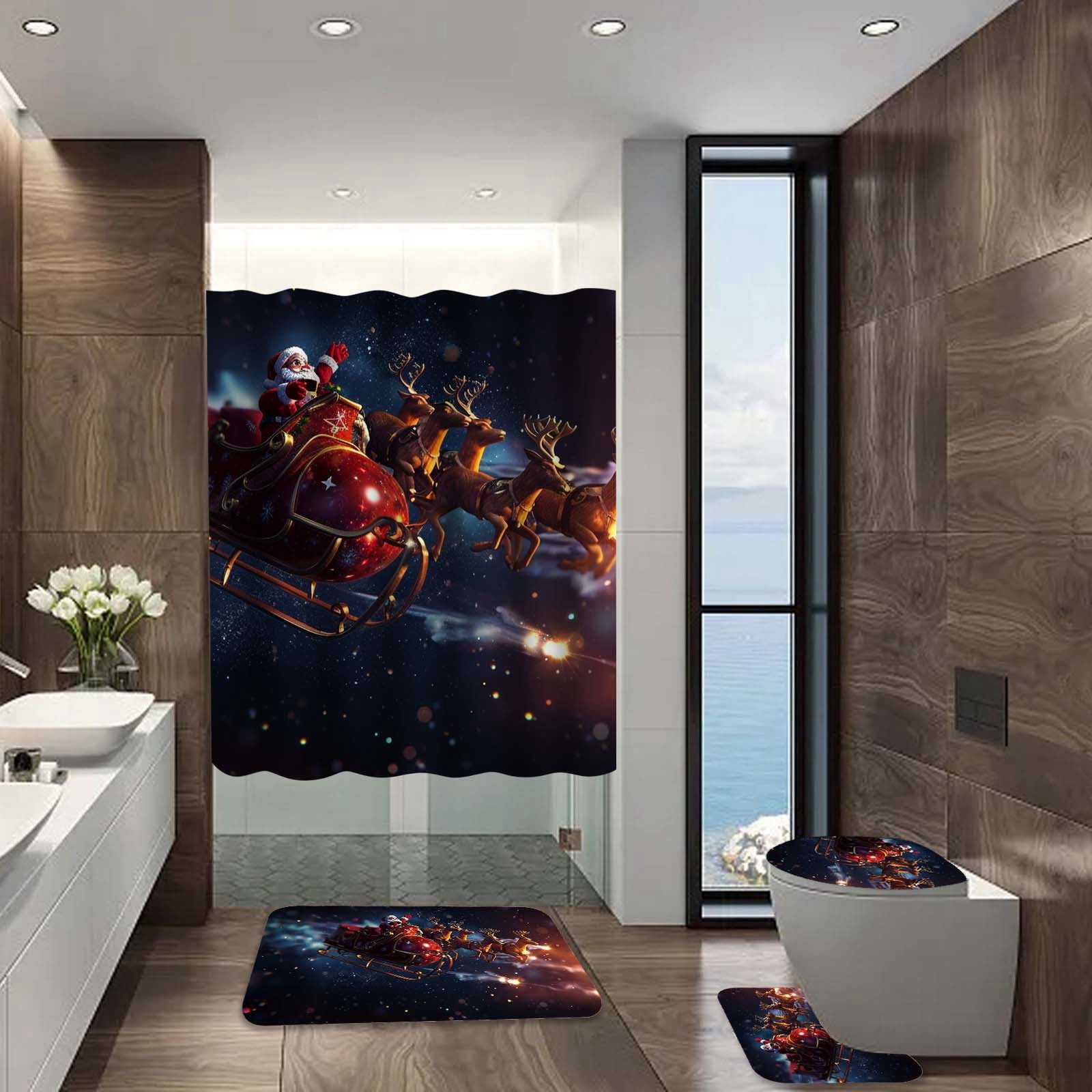 4 Pcs Christmas Bathroom Shower Curtain Sets,Santa Tree Bells Bath