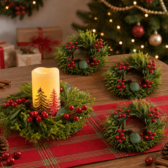 Kidzkube 4 Pcs Christmas Candle Rings Wreath Xmas Kitchen Cabinet Mini Wreath Artificial Snowy Pine with Red Berries & Pinecones for Table Window Indoor Decor