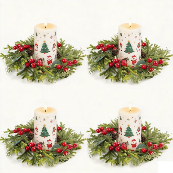 COSPELEY 4 Pcs Christmas Candle Rings Wreath Xmas Kitchen Cabinet Mini Wreath Artificial Berries Snowy Pine Candle Ring Holder for Christmas Chandelier Home Table Centerpiece Indoor Decor