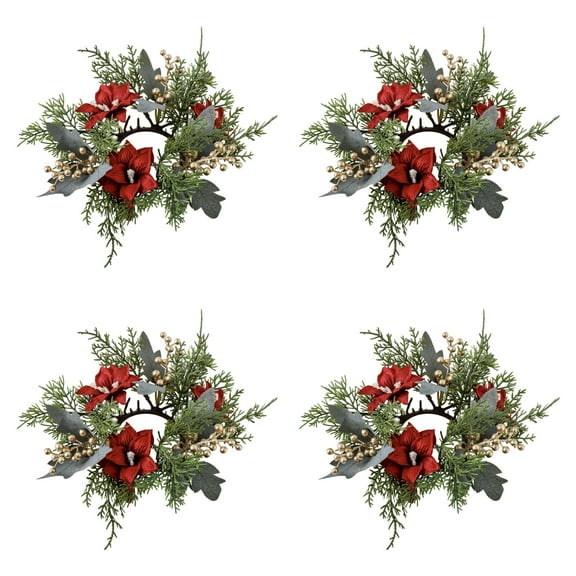 4 Pcs Christmas Candle Rings Wreaths, Artificial Berries Flower Needles Candlestick Garland, Christmas Wedding Home Table Centerpieces Decoration, for Kitchen Cabinets,Windows,Front Door Pillars