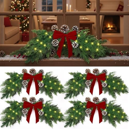 4 Pcs Christmas Cedar Swags with Lights 28  12 Inches Greenery Pine Window Swags Christmas Wreath Garland with Cone Red Bows for Rustic Door Farmhouse Wall Home Mantel Fireplace Hanging