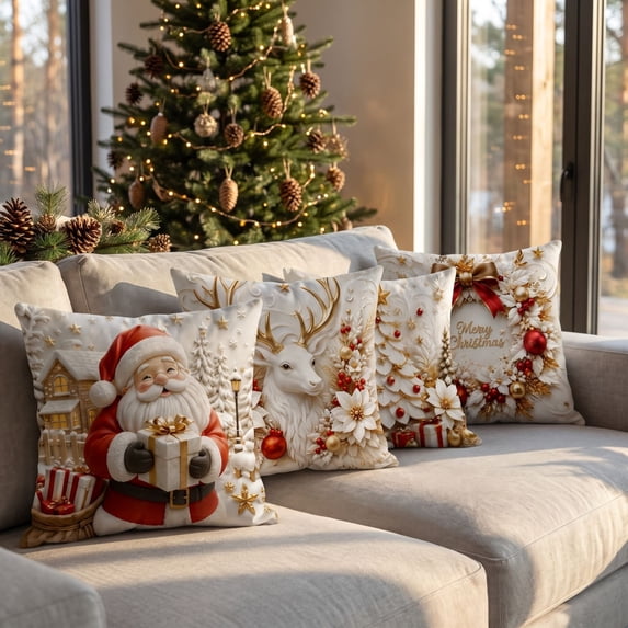4 Pcs Christmas Decorative Throw Pillow Covers, Embossed Visual Holiday Cushion Slipcovers, Pillow Cases With Hidden Zipper for Sofa Couch Indoor Xmas