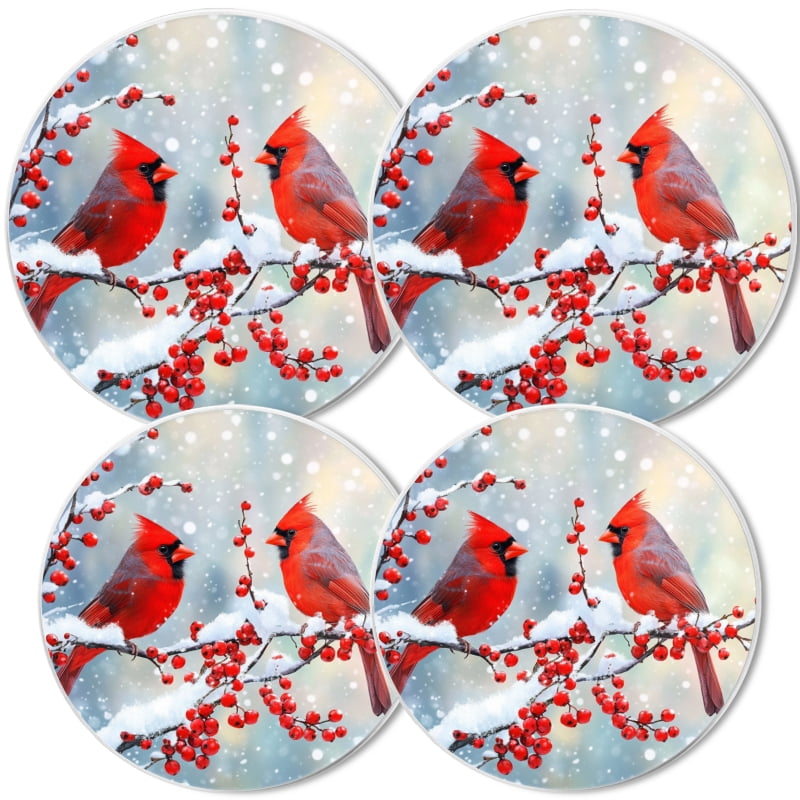 4 Pcs Christmas Gas Stove Burner Cap Set, Cardinals Christmas Snowy Winter Birds Durable Round Gas Stove Burner Covers Set of 4 for Kitchen Xmas Decor, 8 Inches and 10 Inches