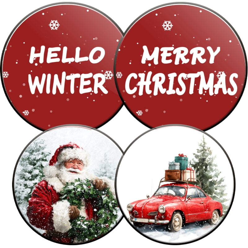 4 Pcs Christmas Gas Stove Burner Cap Set, Hello Winter Christmas Red Truck Durable Round Gas Stove Burner Covers Set of 4 for Kitchen Xmas Decor, 8 Inches and 10 Inches