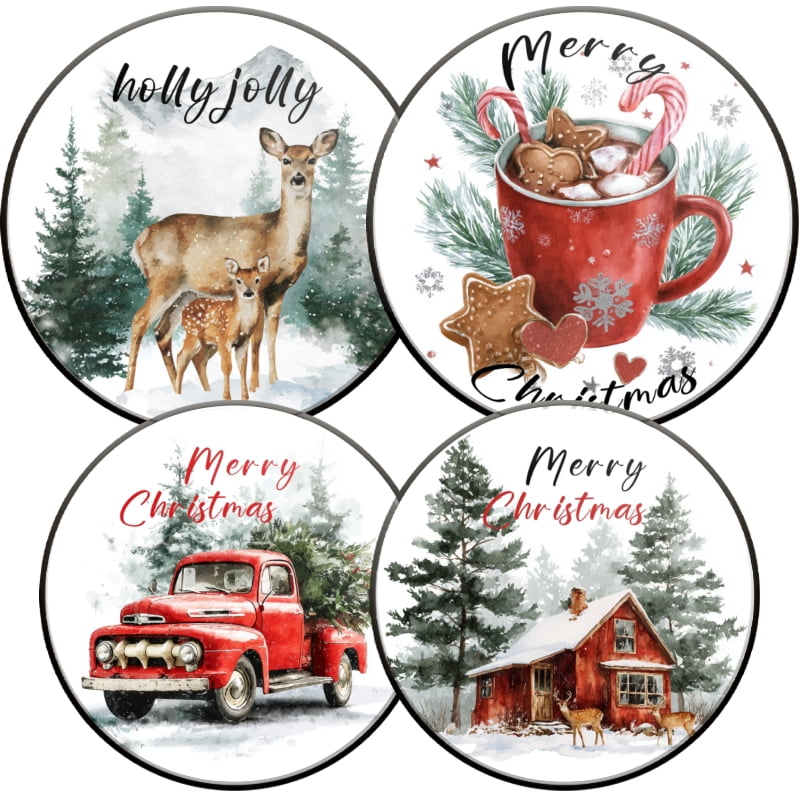 4 Pcs Christmas Gas Stove Burner Cap Set, Merry Christmas Holly Jolly Durable Round Gas Stove Burner Covers Set of 4 for Kitchen Xmas Decor, 8 Inches and 10 Inches