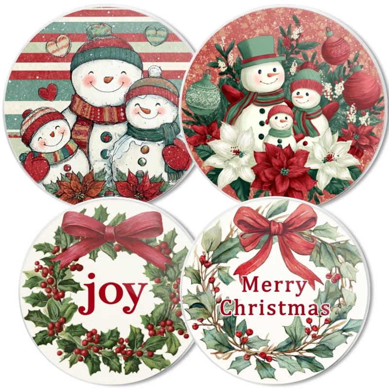 4 Pcs Christmas Gas Stove Burner Cap Set, Merry Christmas Joy with White Border Durable Round Gas Stove Burner Covers Set of 4 for Kitchen Xmas Decor, 8 Inches and 10 Inches