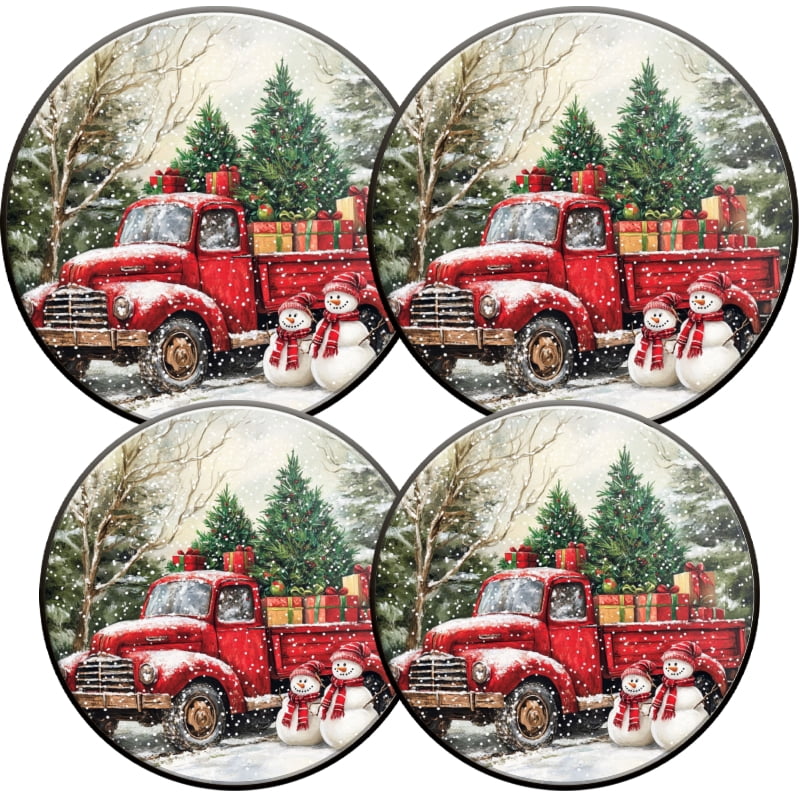 4 Pcs Christmas Gas Stove Burner Cap Set, Red Truck Presents Christmas Snowman Tree Durable Round Gas Stove Burner Covers Set of 4 for Kitchen Xmas Decor, 8 Inches and 10 Inches