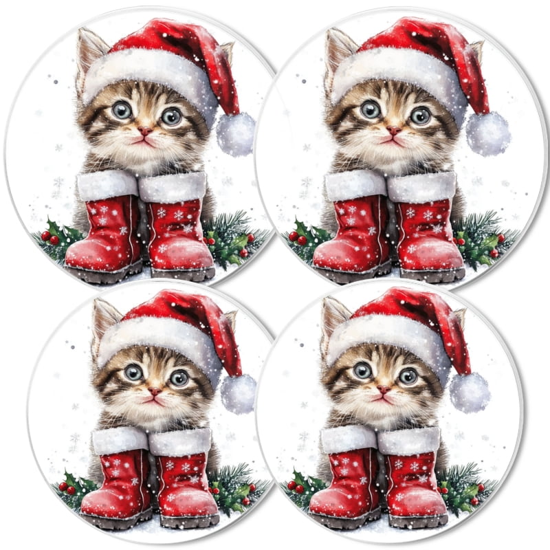 4 Pcs Christmas Gas Stove Burner Cap Set, kitten in Santa Hat and Boots Durable Round Gas Stove Burner Covers Set of 4 for Kitchen Xmas Holiday Decor, 8 Inches and 10 Inches