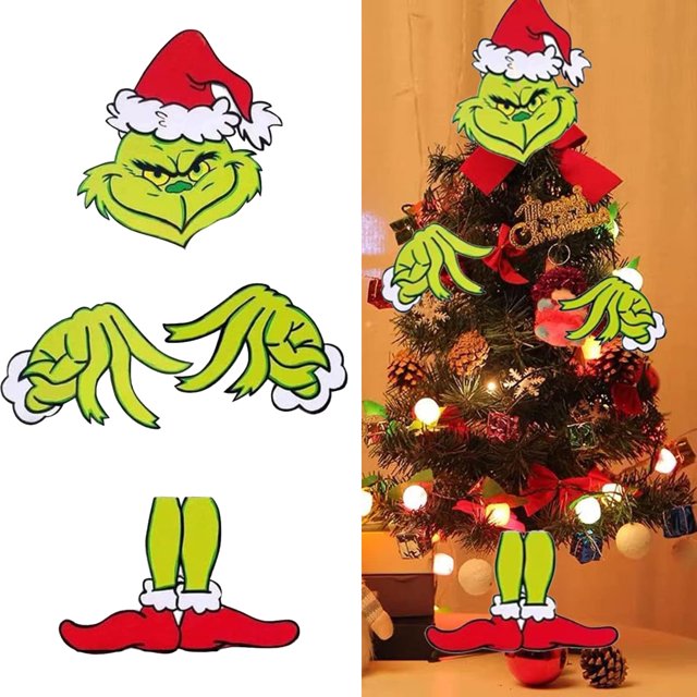 4 Pcs Christmas Grinch Body Decorations Tree Topper with Head, Arms
