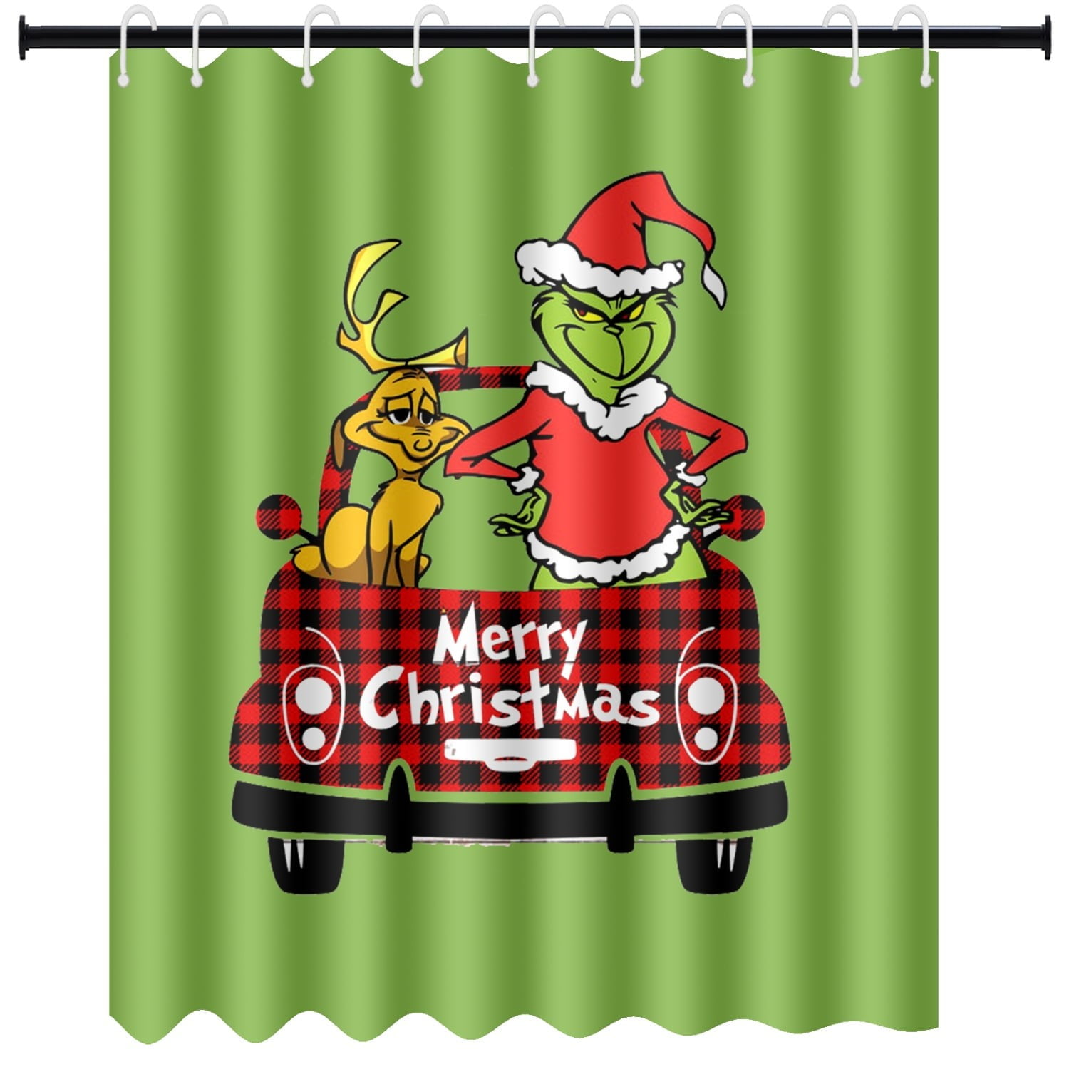 4 Pcs Christmas Grinch Shower Curtain Set with Rug Snowflake Red and