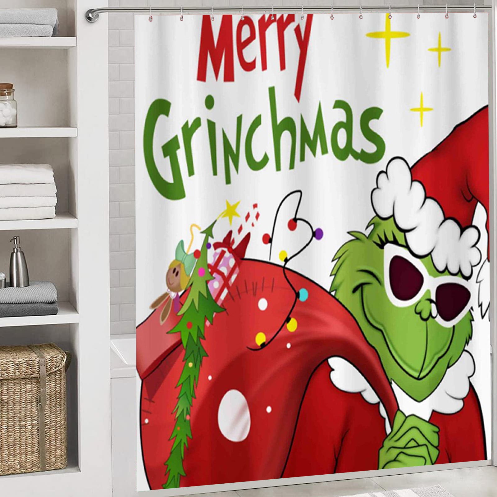 4 Pcs Christmas Grinch Shower Curtain Set with Rug Snowflake Red and ...
