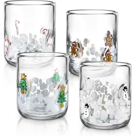 4 Pcs Christmas Icon Glass Cups - 16 oz Icon Juice Glasses with Christmas Tree, Gingerbread, Snowman, Candy Canes Double Old Fashioned Hand Blown Drinking Cups for Xmas Party Lovely Gifts