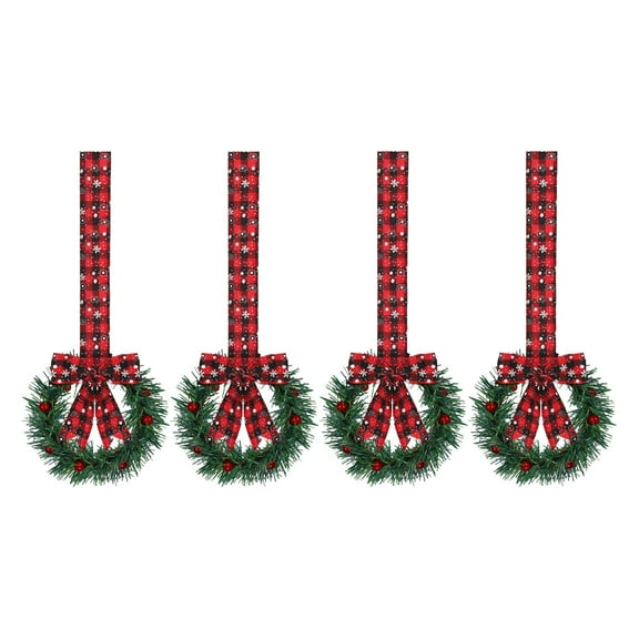4 Pcs Christmas Kitchen Cabinet Wreaths with Ribbon 5.12 Inch Mini Christmas Wreath Small Kitchen Xmas Decor for Window Door