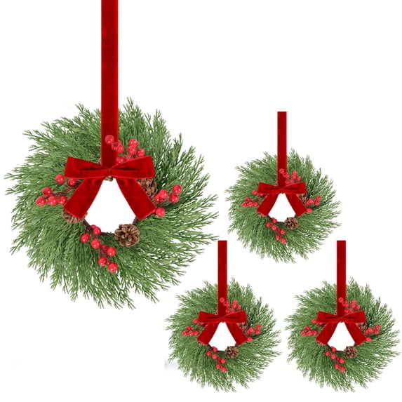 4 Pcs Christmas Mini Cabinet Wreaths for Kitchen, 10" Artificial Norfolk Pine & Cypress Wreath with Red Berry Bow for Christmas Decorations Window Door Fireplace Table Staircase Indoor Outdoor