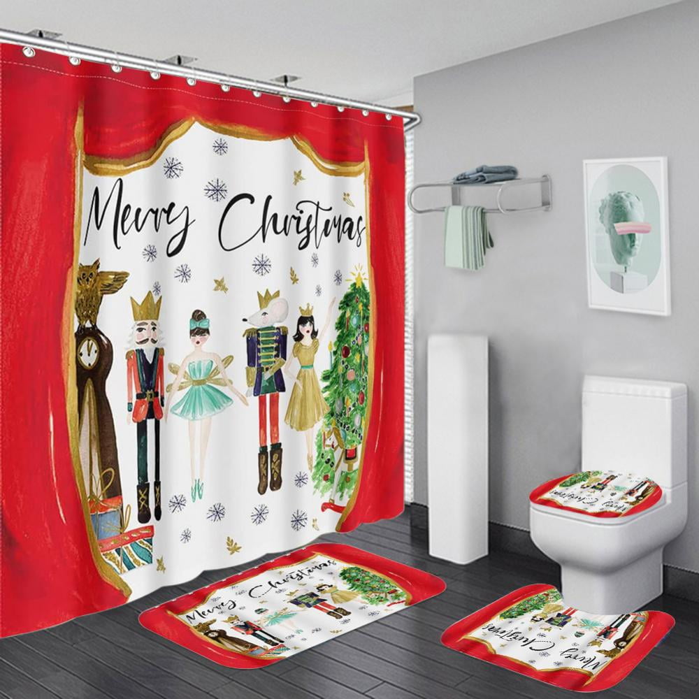 4 Pcs Christmas Nutcracker Soldier Shower Curtain Set with Rugs, Toilet