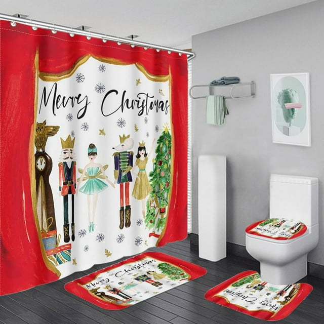 4 Pcs Christmas Nutcracker Soldier Shower Curtain Set with Rugs, Toilet