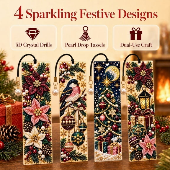 4 Pcs Christmas Pearl Diamond Art Bookmark Kits for Adults, Pearl Charm Cord Bookmarks, Diamond Painting Hanging Christmas Tree Ornament 2-in-1, Holiday Reading Gift