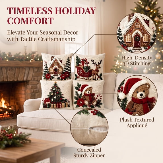 4 Pcs Christmas Pillow Covers 18x18 Set Stereo Embossed Holiday Pattern Double-Sided for Sofa Couch Living Room Bedroom Farmhouse Winter Home Decor Christmas Decorations by MPOISVA