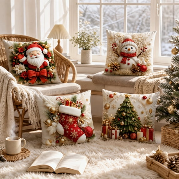 4 Pcs Christmas Pillow Covers 18x18 Set Stereo Visual Holiday Pattern Double-Sided for Sofa Couch Living Room Bedroom Farmhouse Winter Home Decor Christmas Decorations by MPOISVA