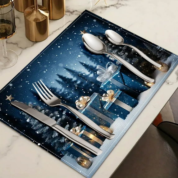 4 Pcs Christmas Placemats for Christmas Decorations, Washable Durable Table Mat for Xmas Home Living Room Table Decoration 17.71x11.81 Inch Blue