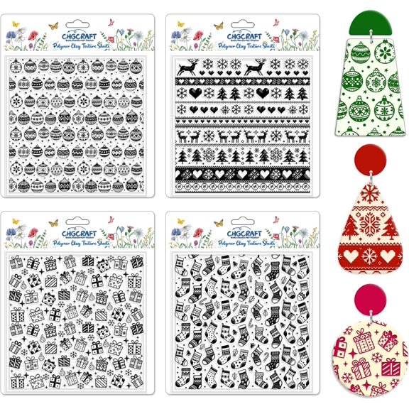 4 Pcs Christmas Polymer Clay Texture Sheets Knitted Patterns Silicone Texture Stamp Snow Socks Clay Texture Mat Modeling Pattern Pad Sheets DIY
